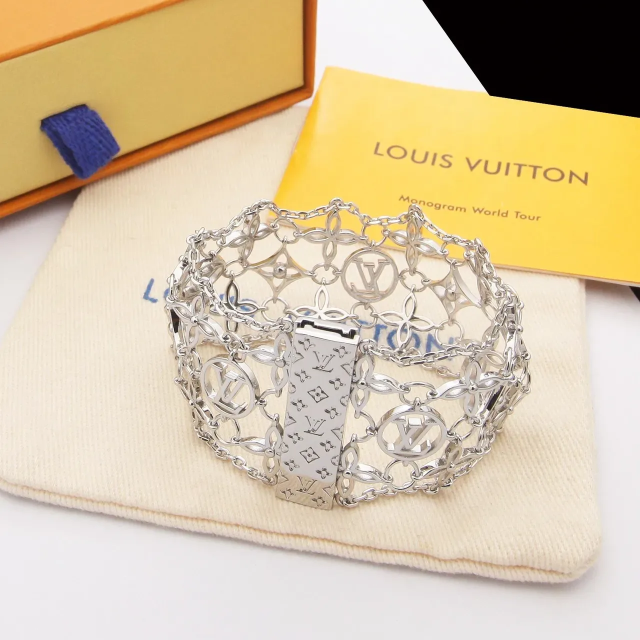 Louis Vuitton Gold Silver Openwork Monogram Lattice Chain-Link Construction Bracelet 3