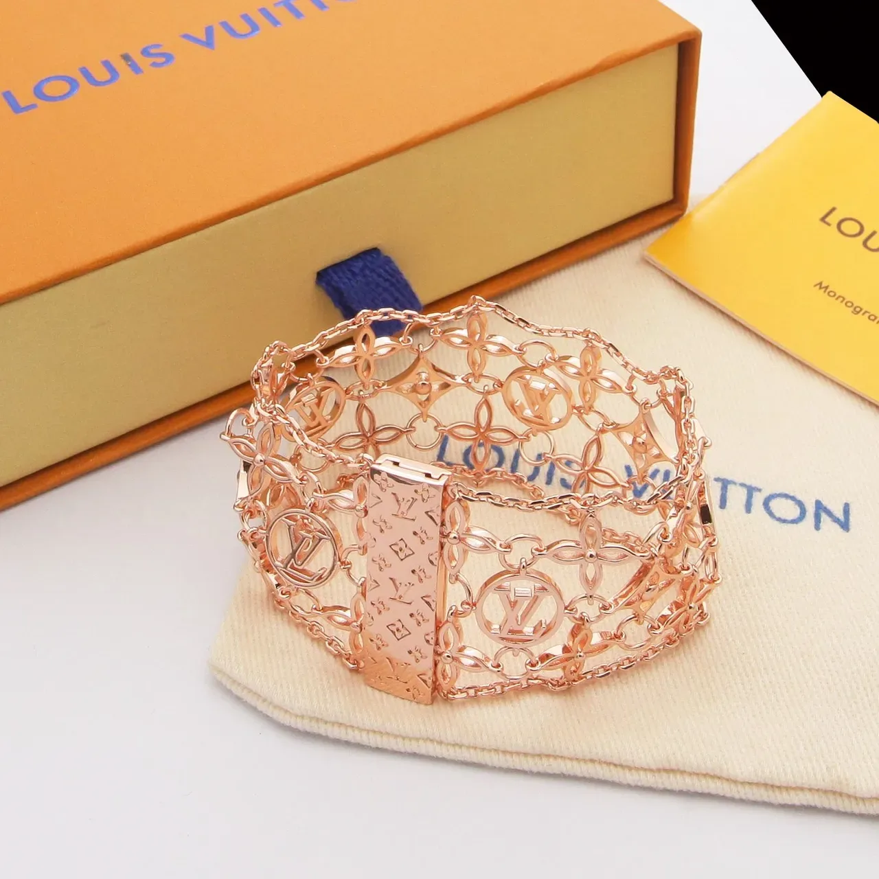 Louis Vuitton Gold Silver Openwork Monogram Lattice Chain-Link Construction Bracelet 4
