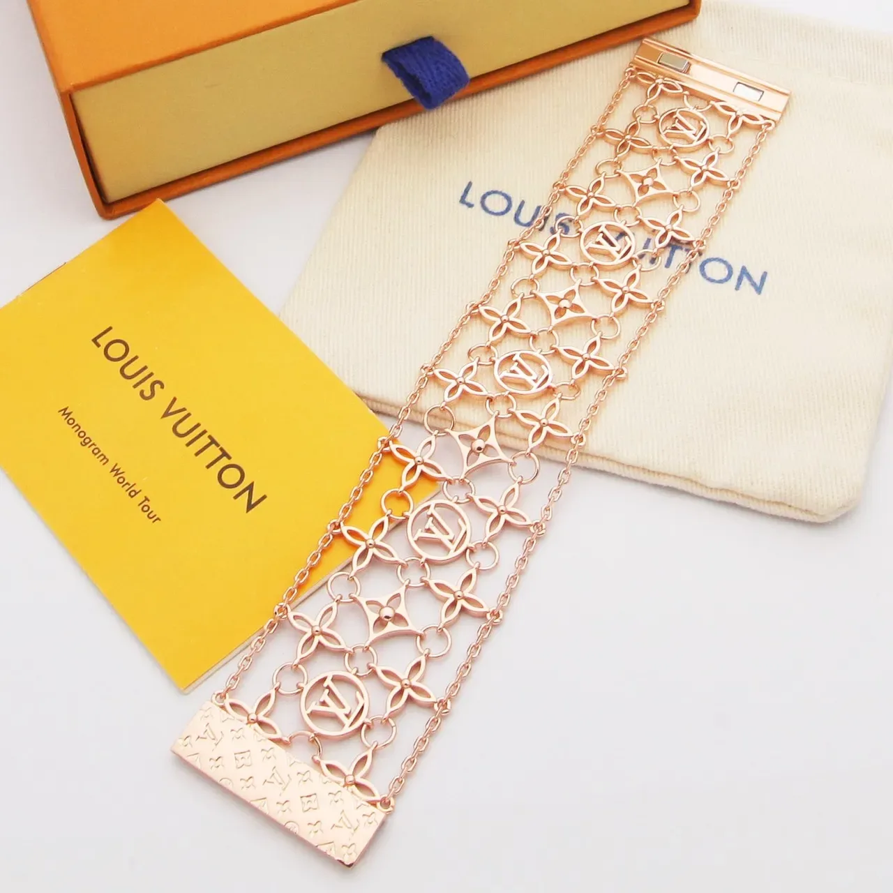 Louis Vuitton Gold Silver Openwork Monogram Lattice Chain-Link Construction Bracelet 5