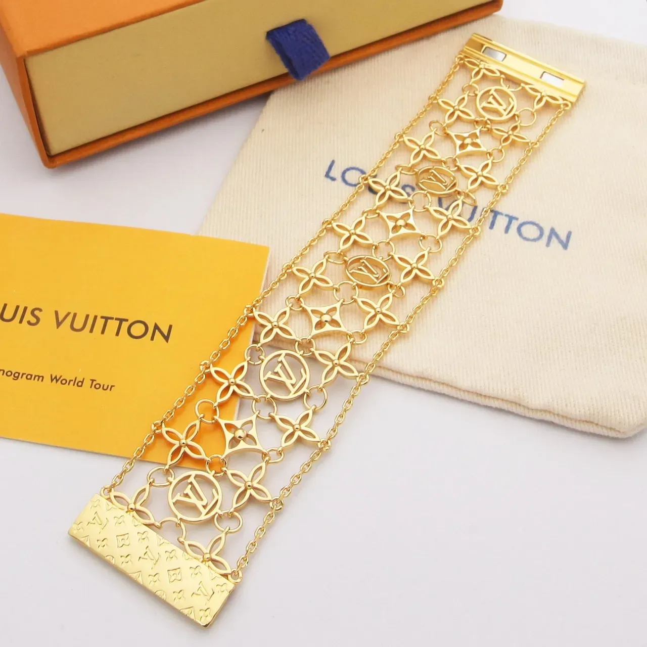 Louis Vuitton Gold Silver Openwork Monogram Lattice Chain-Link Construction Bracelet 6