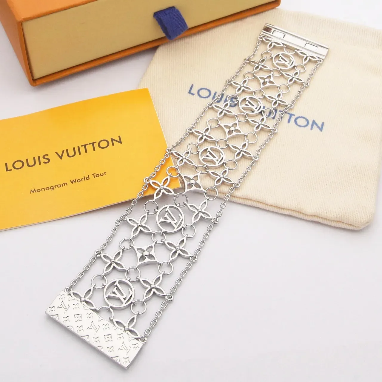Louis Vuitton Gold Silver Openwork Monogram Lattice Chain-Link Construction Bracelet 7
