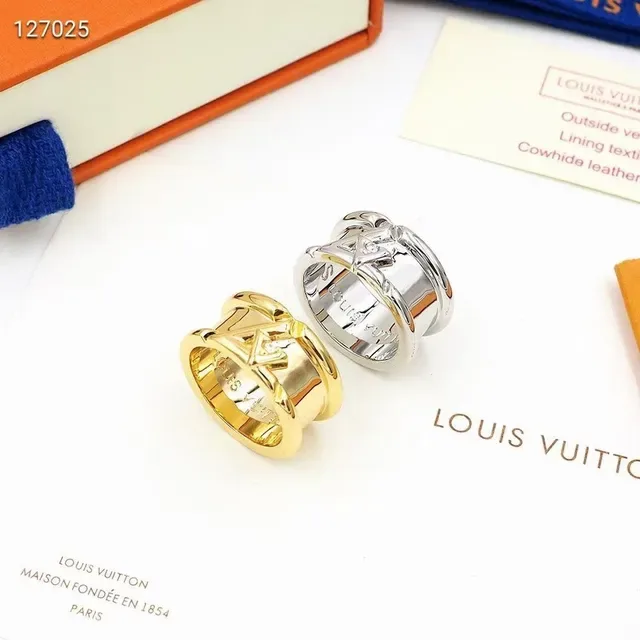 Louis Vuitton Anel Dourado Transparente Duas Bandas Gravado Monograma 3
