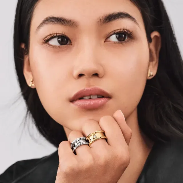 Louis Vuitton Anel Dourado Transparente Duas Bandas Gravado Monograma 5
