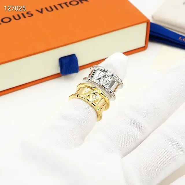 Louis Vuitton Anel Dourado Transparente Duas Bandas Gravado Monograma 6