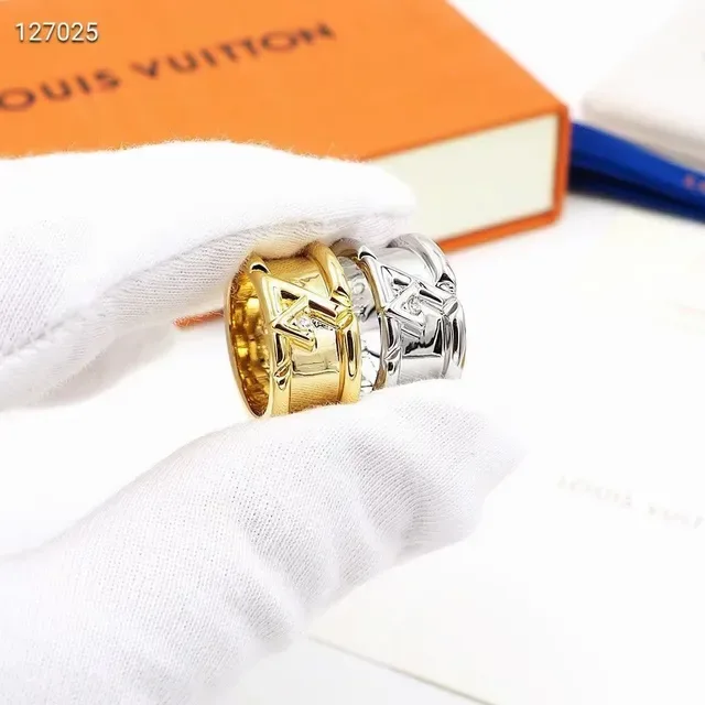 Louis Vuitton Anel Dourado Transparente Duas Bandas Gravado Monograma 9