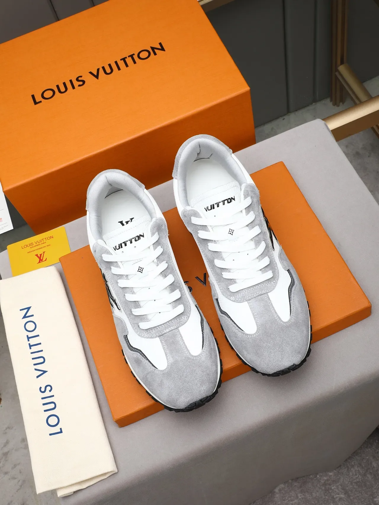 Louis Vuitton Gray White Low-Top Runner Silhouette Mixed Suede And Textured Leather Upper Lifestyle Sneakers 2