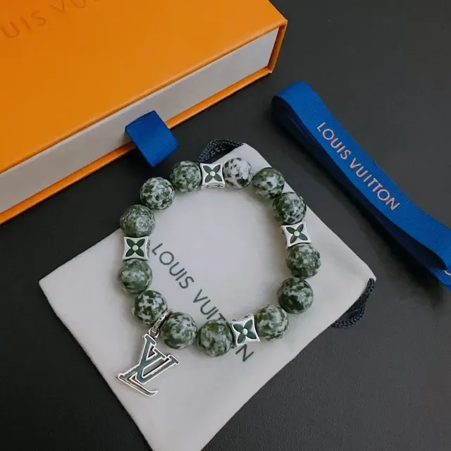 Louis Vuitton Green Silver Beaded Stone Bracelet 3