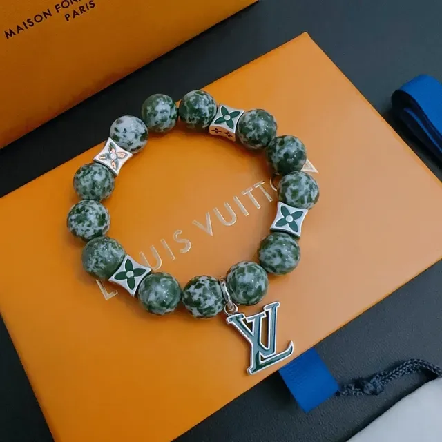 Louis Vuitton Green Silver Beaded Stone Bracelet 5
