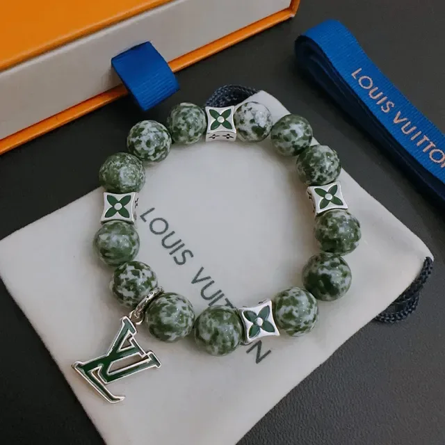 Louis Vuitton Green Silver Beaded Stone Bracelet 9