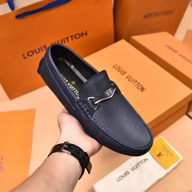 Louis Vuitton Horsebit 1955 Navy Blue Pebbled Leather Loafers 7