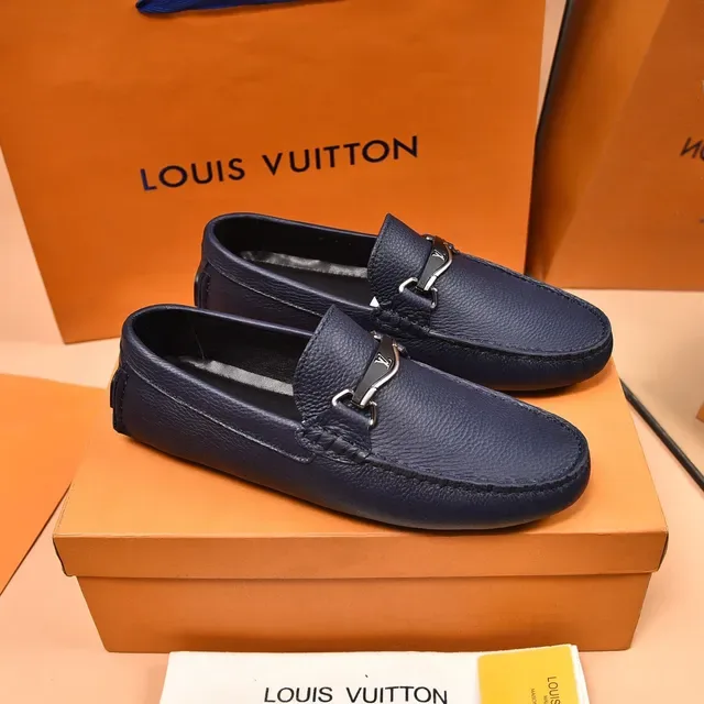 Louis Vuitton Horsebit 1955 Navy Blue Pebbled Leather Loafers 8