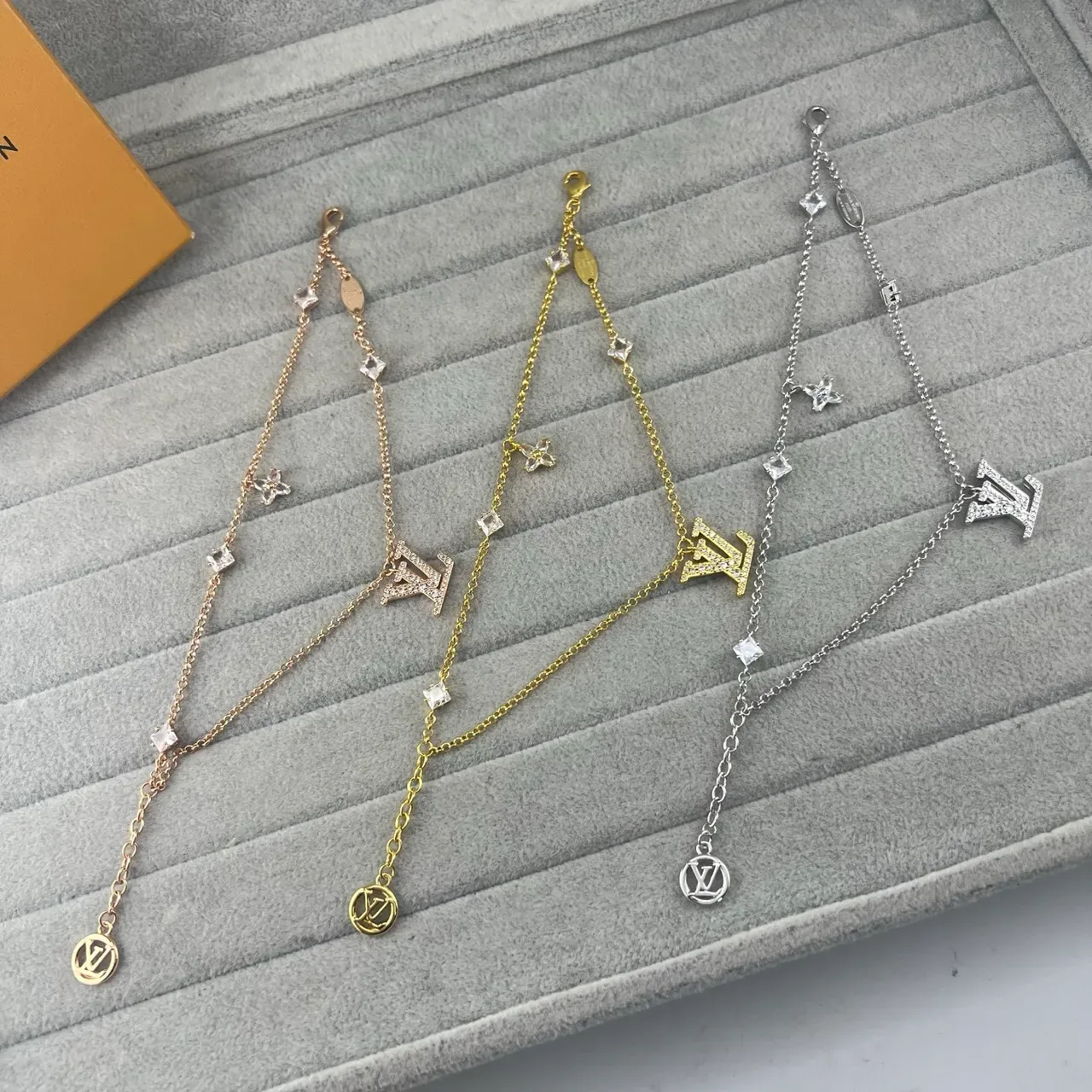 Louis Vuitton Iconic Monogram Gold Silver Pavé-Crystal LV Pendant Diamond-Shaped Stations Necklace 7