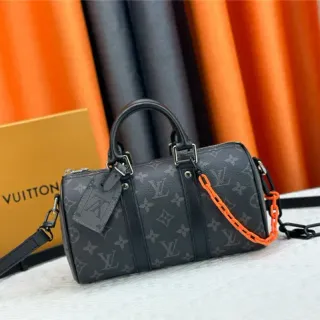 Louis Vuitton Keepall Negro Naranja Monogram Canvas Silueta de Barril Bolso Boston