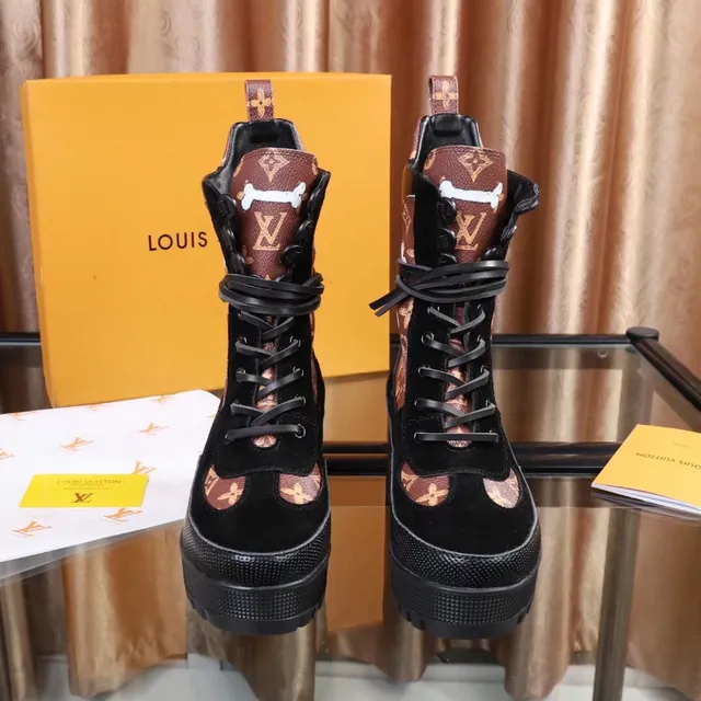 Louis Vuitton Le Cagole Monogram patchwork botas de tornozelo pretas 3
