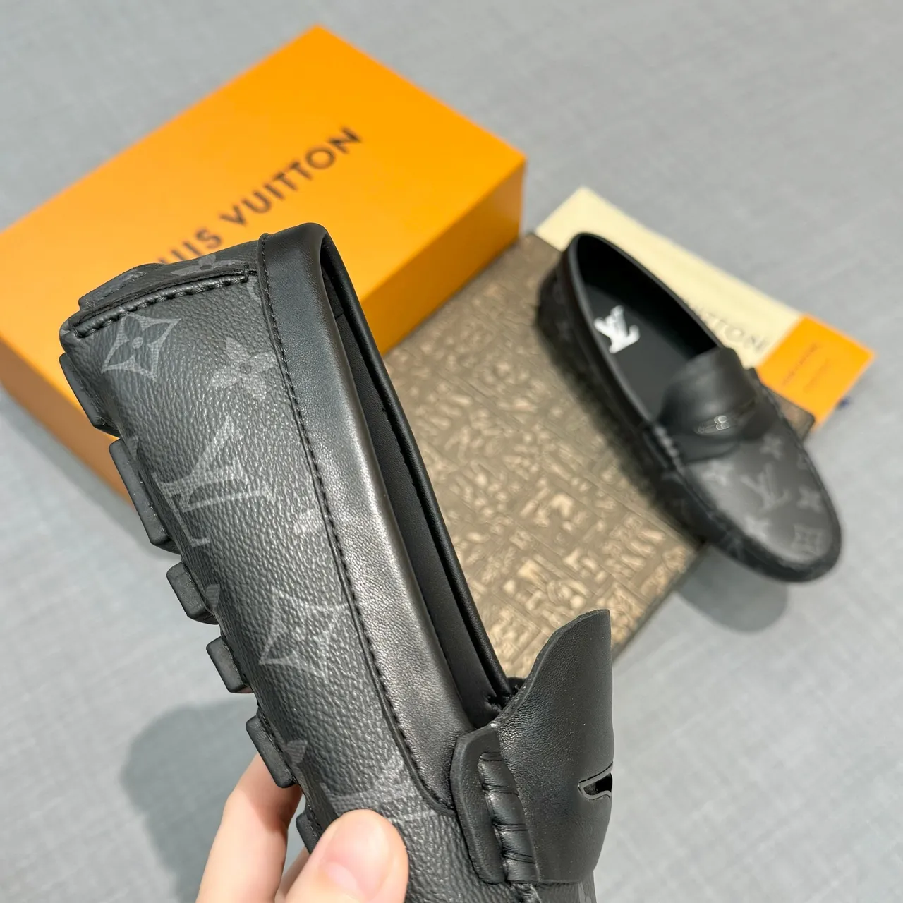Louis Vuitton Loafer Black Gray Monogram Canvas Leather Trim Loafer 3