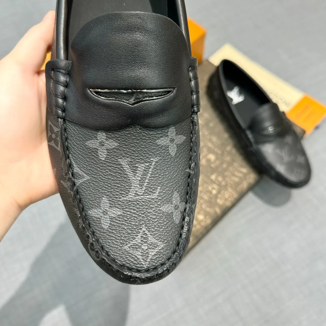 Louis Vuitton Loafer Black Gray Monogram Canvas Leather Trim Loafer 4