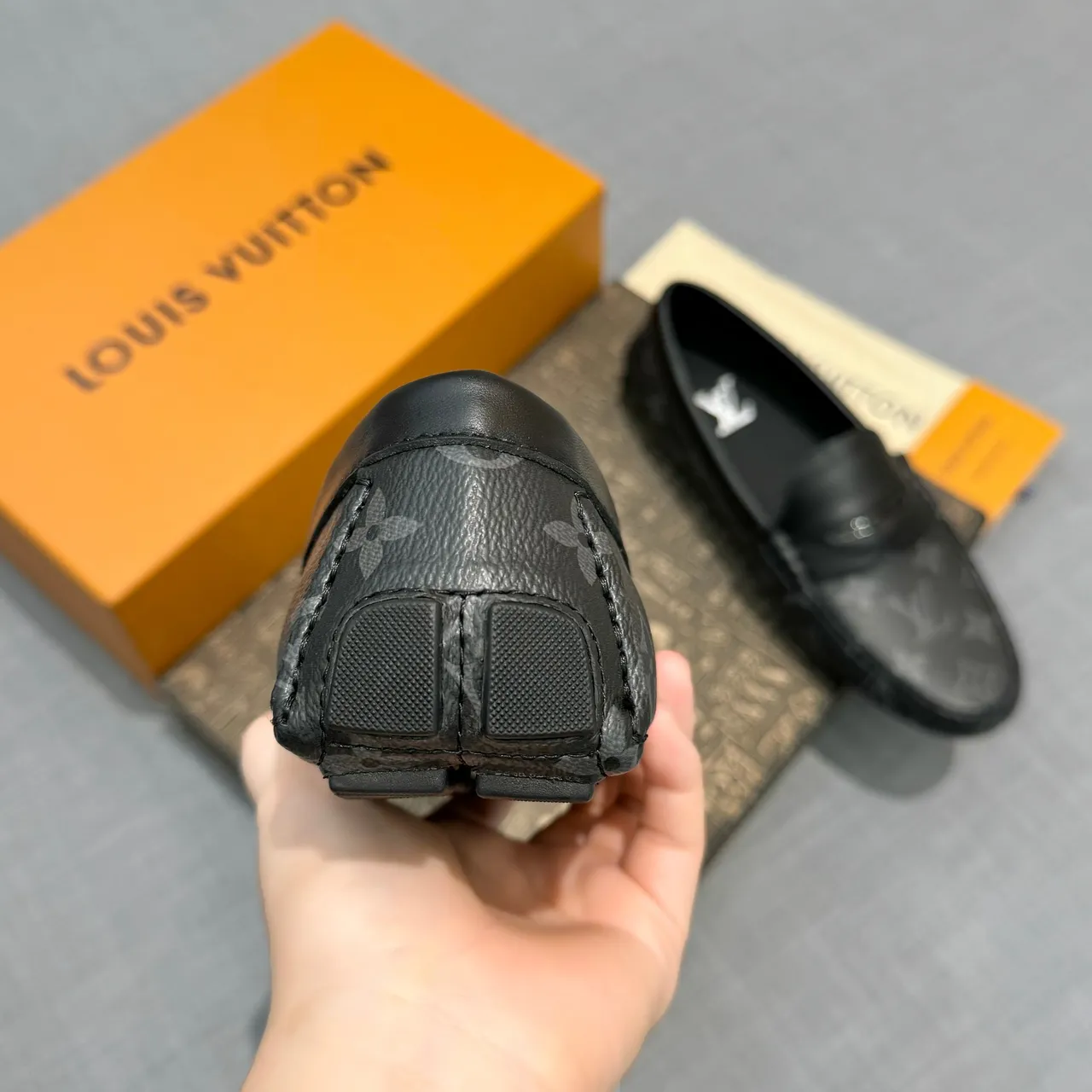 Louis Vuitton Loafer Black Gray Monogram Canvas Leather Trim Loafer 5
