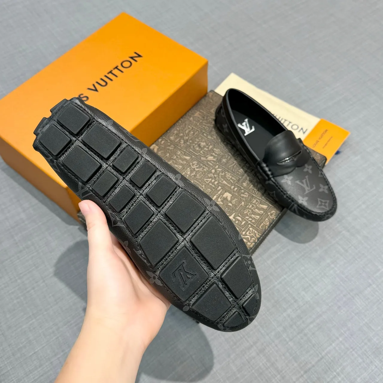 Louis Vuitton Loafer Black Gray Monogram Canvas Leather Trim Loafer 6