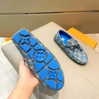 Louis Vuitton 乐福鞋 蓝色 米色 牛仔布 鞋面 印花 乐福鞋