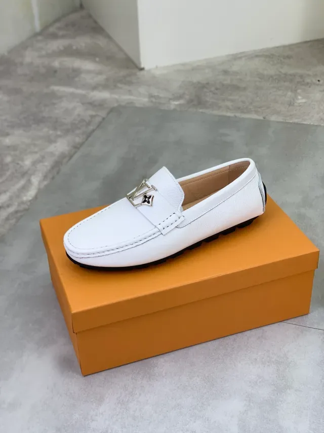 Louis Vuitton Loafer White Black Pebbled Leather Metal LV Buckle Loafer 4