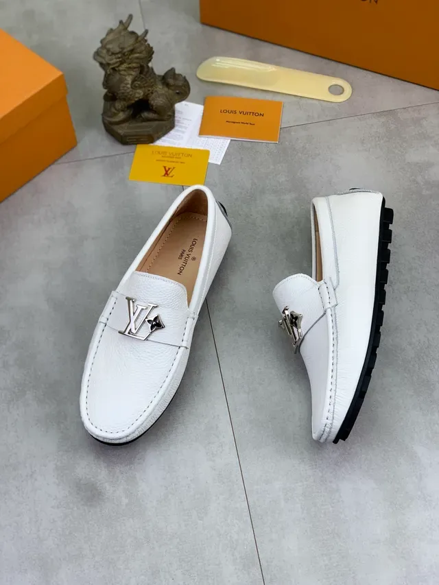 Louis Vuitton Loafer White Black Pebbled Leather Metal LV Buckle Loafer 5