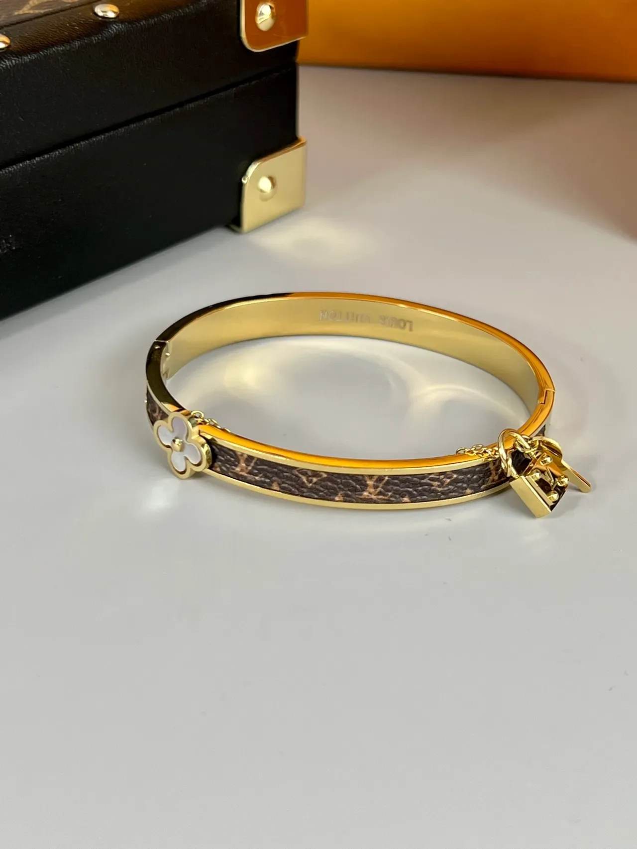 Louis Vuitton Lockit Bracelet Gold Tone Brown Monogram Canvas Bracelet 2