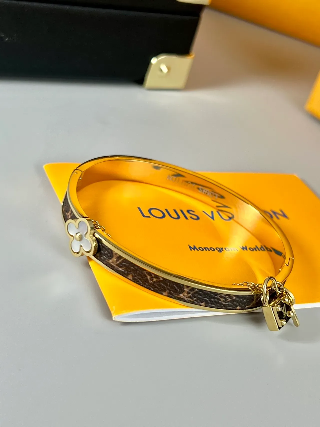 Louis Vuitton Lockit Bracelet Gold Tone Brown Monogram Canvas Bracelet 3