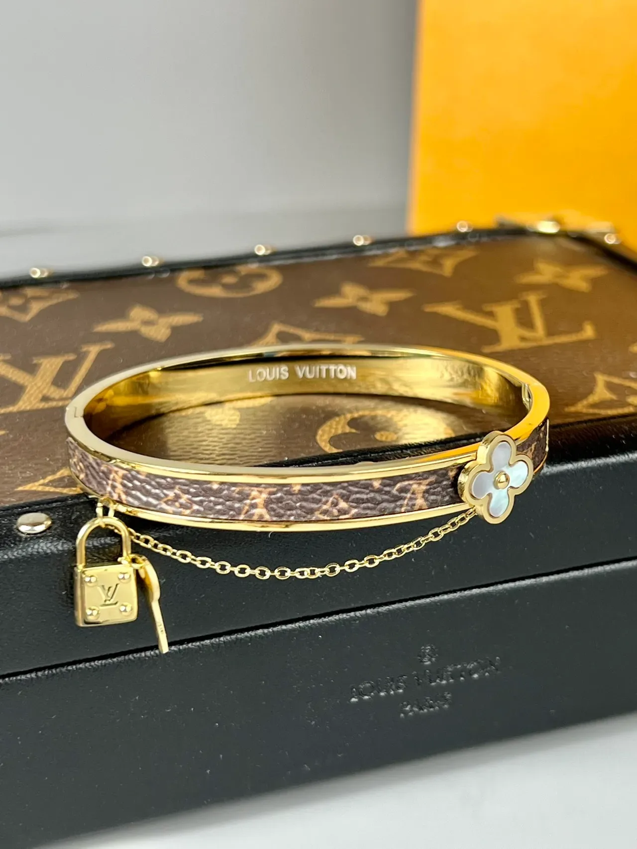 Louis Vuitton Lockit Bracelet Gold Tone Brown Monogram Canvas Bracelet 4