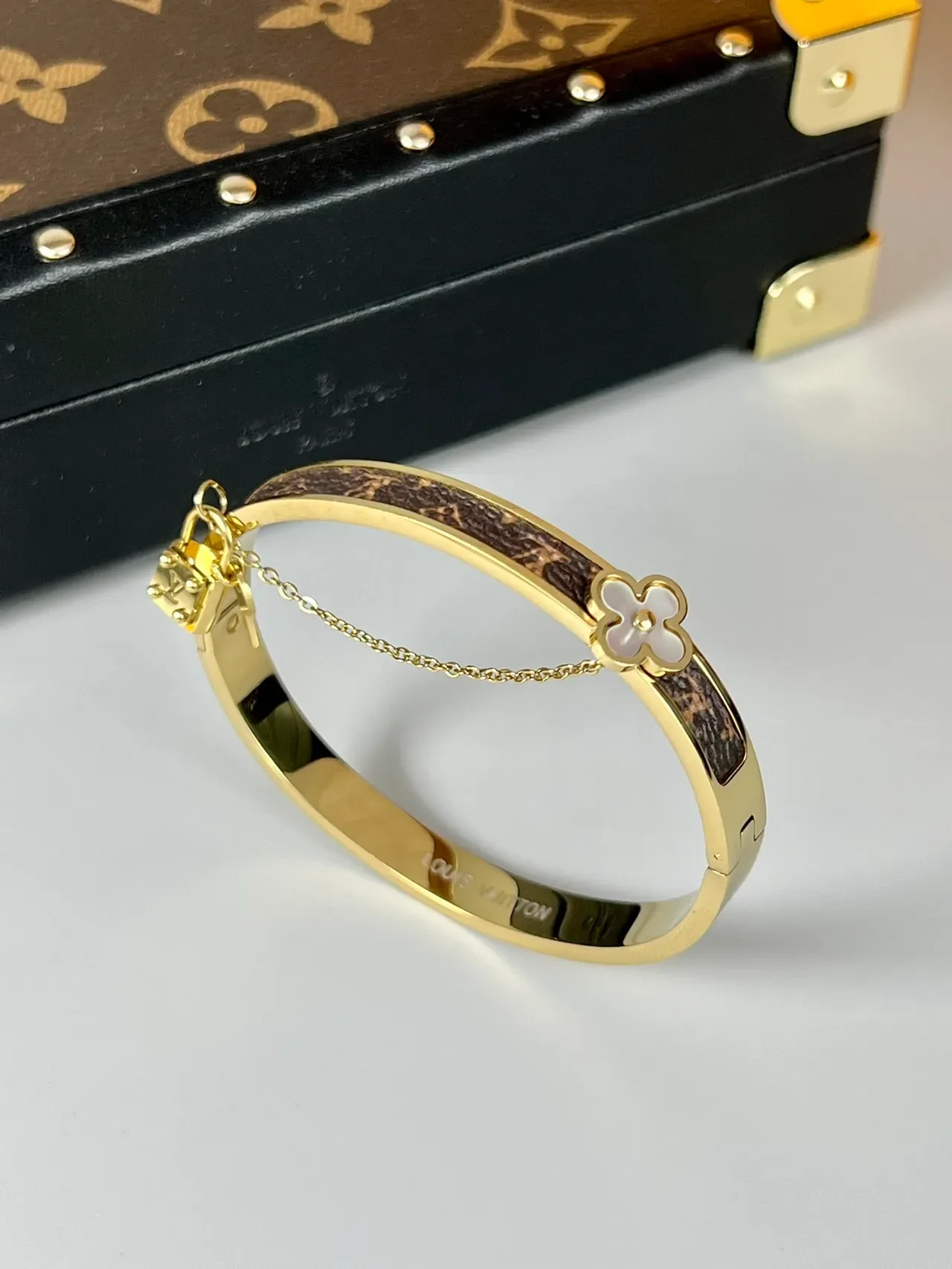 Louis Vuitton Lockit Bracelet Gold Tone Brown Monogram Canvas Bracelet 5