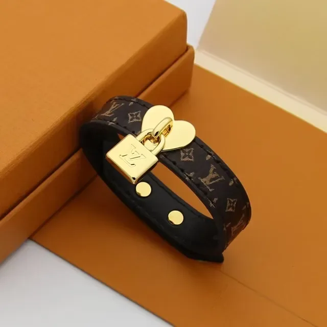 Louis Vuitton Lockit Monogram Canvas and Black Leather Gold-Tone Heart Padlock Bracelet 4
