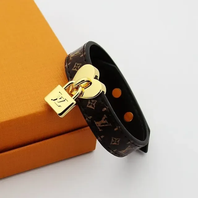 Louis Vuitton Lockit Monogram Canvas and Black Leather Gold-Tone Heart Padlock Bracelet 5