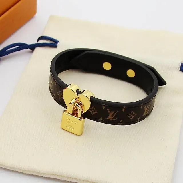 Louis Vuitton Lockit Monogram Canvas and Black Leather Gold-Tone Heart Padlock Bracelet 6