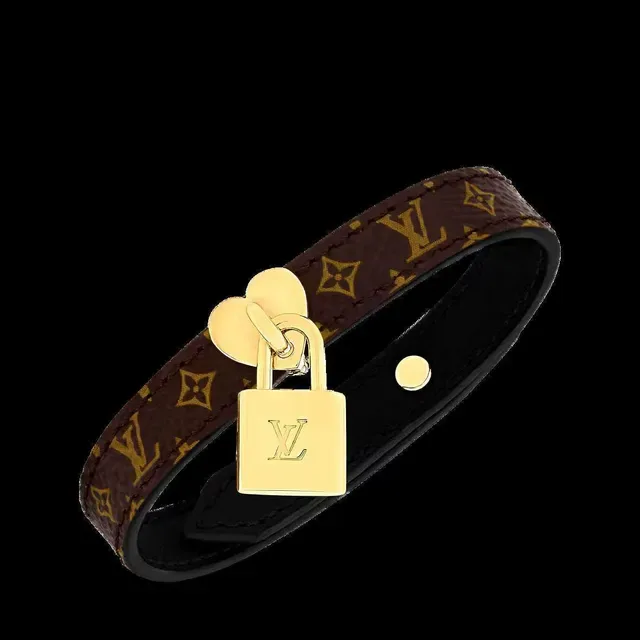 Louis Vuitton Lockit Monogram Canvas and Black Leather Gold-Tone Heart Padlock Bracelet 8