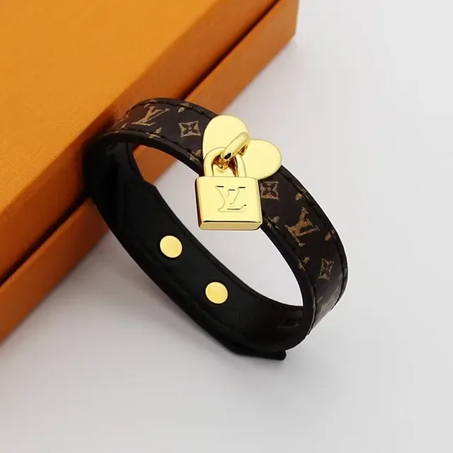 Louis Vuitton Lockit Monogram Canvas and Black Leather Gold-Tone Heart Padlock Bracelet 9