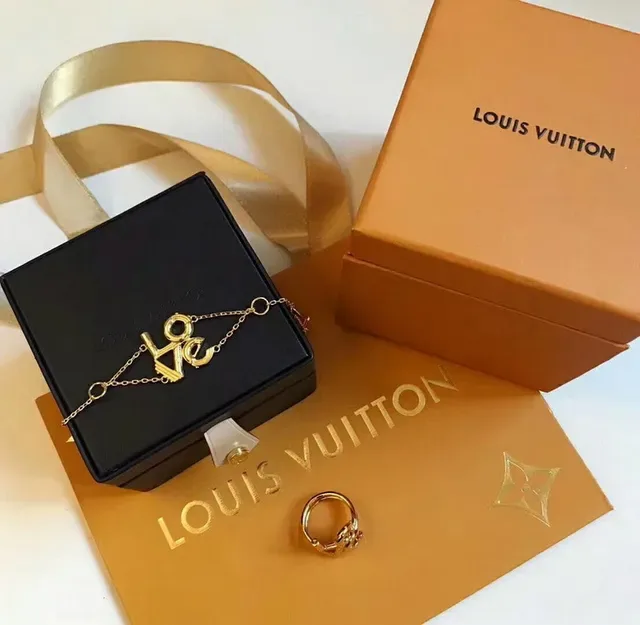 Louis Vuitton Love Gold Black Cursive Charm Fine Chain Link Bracelet 6