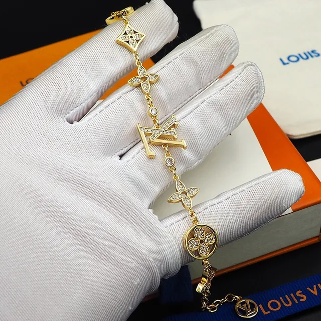 Louis Vuitton LV Flor Pavé-Crystal Dourado ao tom Pulseira 7