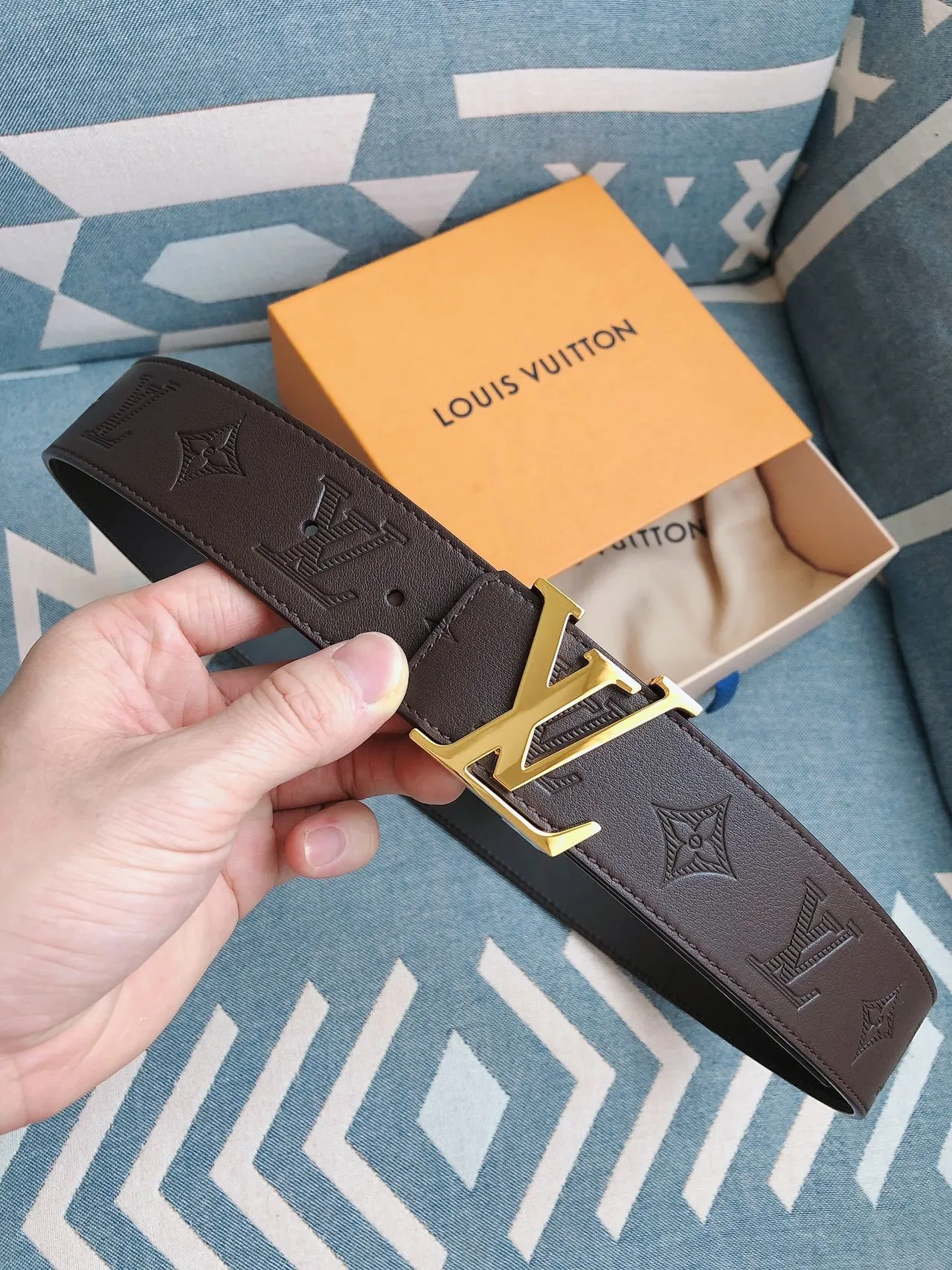 Louis Vuitton LV Initiales Brown Gold Embossed Monogram Buckle Leather Belt 2
