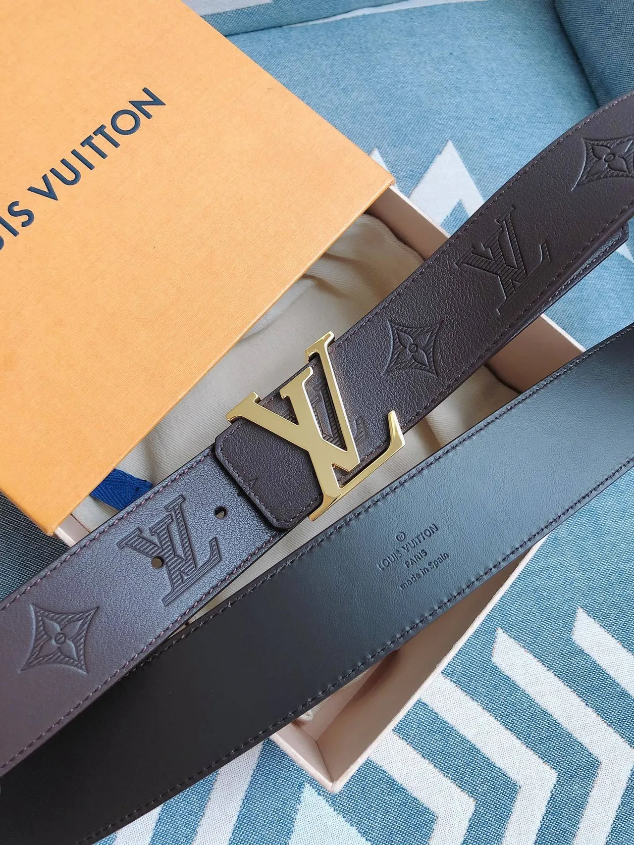 Louis Vuitton LV Initiales Brown Gold Embossed Monogram Buckle Leather Belt 9