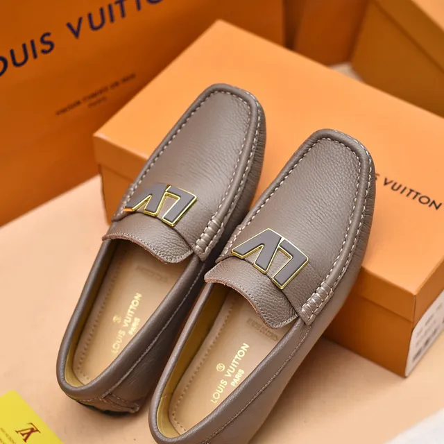 Louis Vuitton LV Loafer Gray Gold Pebbled Leather Logo Buckle Strap Loafer 3