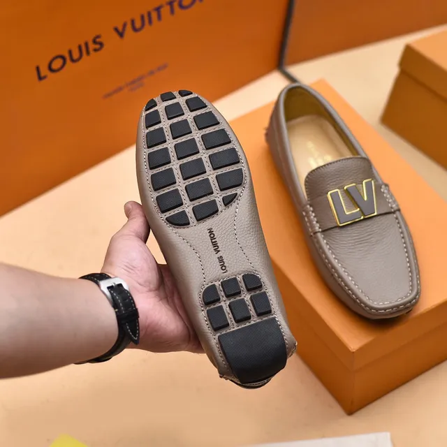 Louis Vuitton LV Loafer Gray Gold Pebbled Leather Logo Buckle Strap Loafer 4