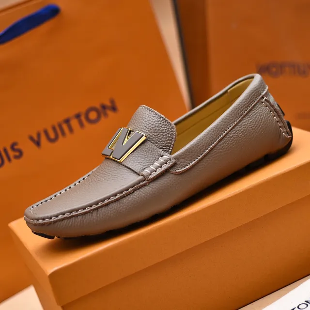 Louis Vuitton LV Loafer Gray Gold Pebbled Leather Logo Buckle Strap Loafer 5