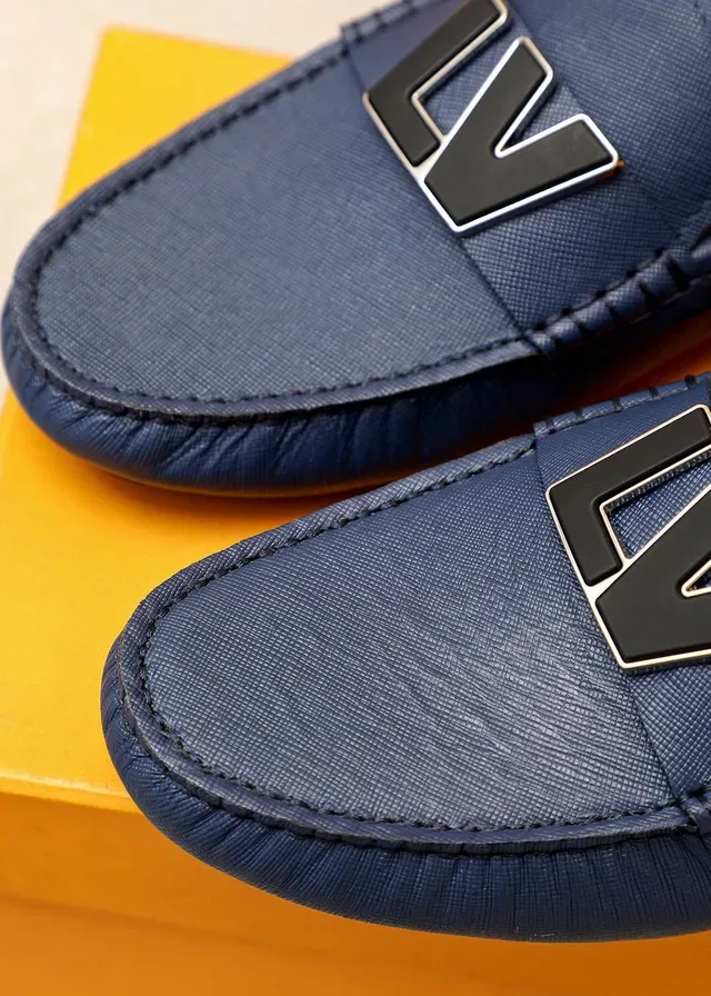 Louis Vuitton LV Logo Loafer Navy Textured Leather Slip-On Loafers 4