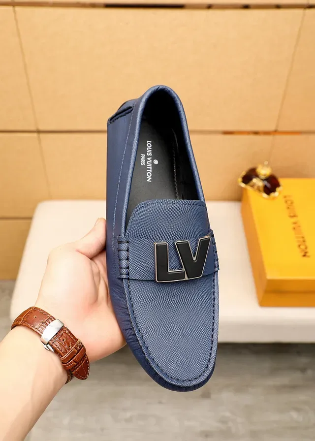 Louis Vuitton LV Logo Loafer Navy Textured Leather Slip-On Loafers 7