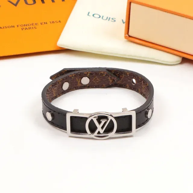 Louis Vuitton LV Monogram Buckle Black Gold Leather Strap Bracelet 2
