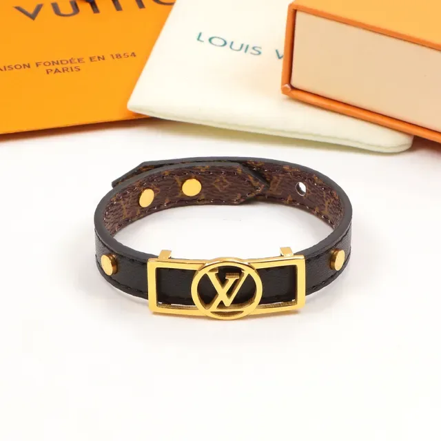 Louis Vuitton LV Monogram Buckle Black Gold Leather Strap Bracelet 3