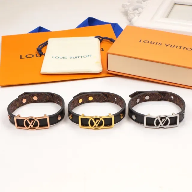 Louis Vuitton LV Monogram Buckle Black Gold Leather Strap Bracelet 4