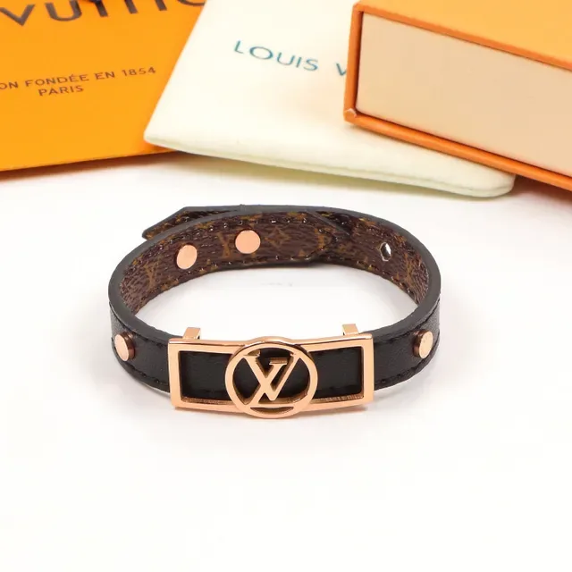 Louis Vuitton LV Monogram Buckle Black Gold Leather Strap Bracelet 5