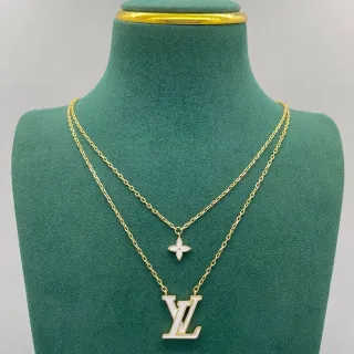 Louis Vuitton LV Monogram & Flower Pendant Necklace Gold White Layered Chain Necklace
