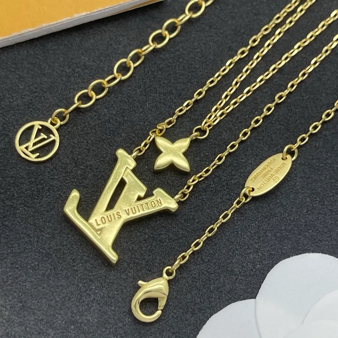 Louis Vuitton LV Monogram & Flower Pendant Necklace Gold White Layered Chain Necklace 3
