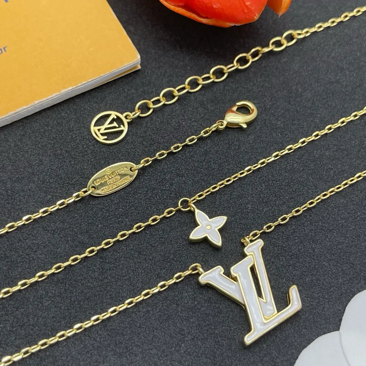 Louis Vuitton LV Monogram & Flower Pendant Necklace Gold White Layered Chain Necklace 4